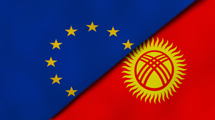 The flags of European Union and Kyrgyzstan. News, reportage, business background. 3d illustration