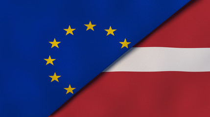 The flags of European Union and Latvia. News, reportage, business background. 3d illustration