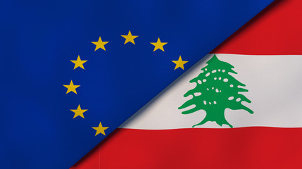 The flags of European Union and Lebanon. News, reportage, business background. 3d illustration