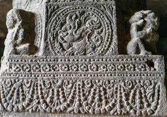 Sculptures at Ellora caves a religious complex with Buddhist, Hindu and Jain cave temples and monasteries, an UNESCO world heritage site near Aurangabad, Maharashtra, India