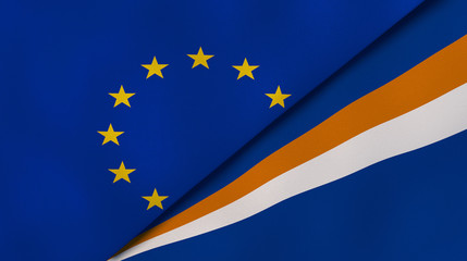 The flags of European Union and Marshall Islands. News, reportage, business background. 3d illustration