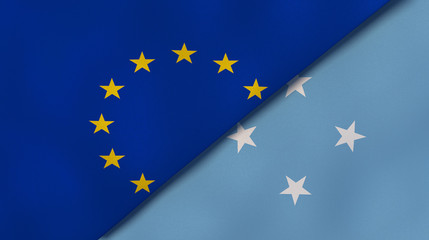 The flags of European Union and Micronesia. News, reportage, business background. 3d illustration
