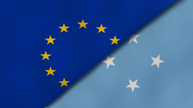 The flags of European Union and Micronesia. News, reportage, business background. 3d illustration