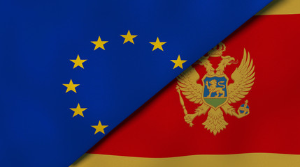 The flags of European Union and Montenegro. News, reportage, business background. 3d illustration