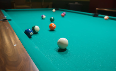 Colored billiard balls on a pool table.