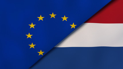 The flags of European Union and Netherlands. News, reportage, business background. 3d illustration