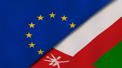 The flags of European Union and Oman. News, reportage, business background. 3d illustration