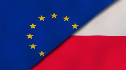 The flags of European Union and Poland. News, reportage, business background. 3d illustration