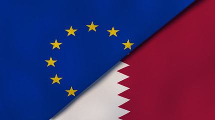 The flags of European Union and Qatar. News, reportage, business background. 3d illustration