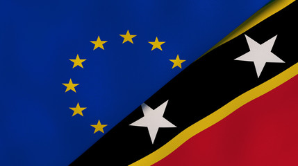 The flags of European Union and Saint Kitts and Nevis. News, reportage, business background. 3d illustration