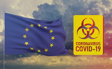 COVID-19 Visual concept - Coronavirus COVID-19 biohazard sign with Official EU flag. European Union Flag. 3D illustration.