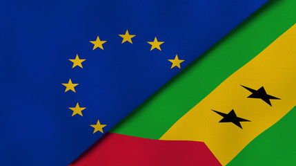 The flags of European Union and Sao Tome and Principe. News, reportage, business background. 3d illustration