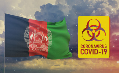 COVID-19 Visual concept - Coronavirus COVID-19 biohazard sign with flag of Afghanistan. Pandemic 3D illustration.