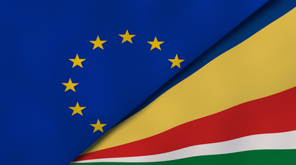 The flags of European Union and Seychelles. News, reportage, business background. 3d illustration