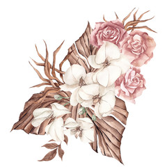Watercolor illustration with tropicl palm leaves and elegant flowers, isolated on white background