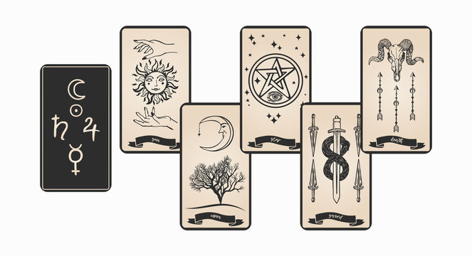 Tarot cards collection for fortune telling. Tarot card with symbols vector illustration.