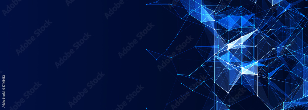Poster Abstract polygonal space with connecting dots and lines. Dark background. Connection structure. 3d