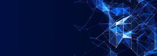 Abstract polygonal space with connecting dots and lines. Dark background. Connection structure. 3d