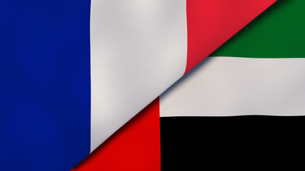 The flags of France and United Arab Emirates. News, reportage, business background. 3d illustration