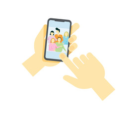 Hands holding mobile phone with happy boys and girls displaying on screen. Friends posing for selfie, group of joyful people photographing themselves. Flat colorful cartoon vector illustration.