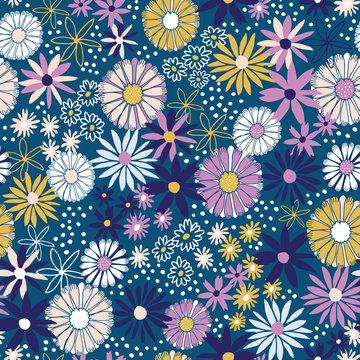 Uplifting summer floral vector repeat pattern with navy background.