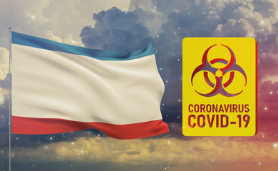 COVID-19 Visual concept - Coronavirus COVID-19 biohazard sign with flag of Crimea. Pandemic 3D illustration.