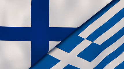 The flags of Finland and Greece. News, reportage, business background. 3d illustration