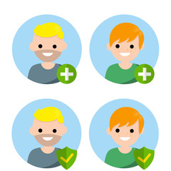 Set of avatars young student. Boy and guy. Icon green medical cross and shield protection. Funny Man. Health and hospital. Cartoon flat illustration. Social network. Cute character