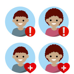 Set of avatars people for social network. Medical health element and alarm. young nerd man and woman. Cartoon flat illustration. Status icon. Boy and girl. Red exclamation mark, heart with cross