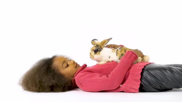 Little african curly girl lies on the floor with three colored rabbit at white background. Slow motion