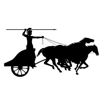Silhouette of an attacking warrior with a spear on an ancient chariot