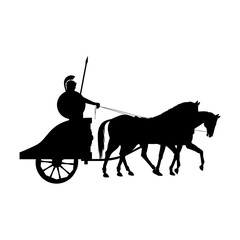 Roman warrior on an ancient war chariot drawn by two horses
