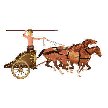Roman warrior on an ancient war chariot drawn by three horses