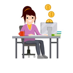 Young woman sitting at table with computer and monitor. Salary of freelancer and programmer. Cartoon flat illustration. Gold coin. Online earnings and purchase