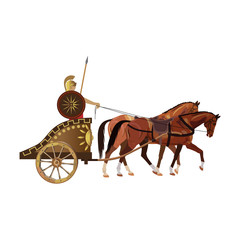 Roman warrior on an ancient war chariot drawn by two horses