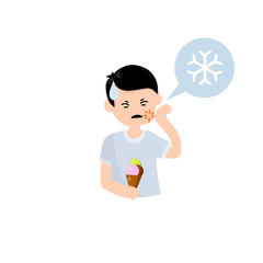 Tooth sensitivity. Man and ice cream. Pain in cheek and cold. Sad boy. Cartoon flat illustration. Soreness and need for treatment. Bubble with a snowflake icon