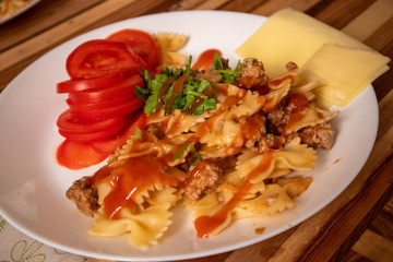 Pasta with meat and tomatoes. So tasty.