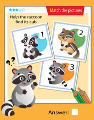 Obraz na płótnie Canvas Matching game, education game for children. Puzzle for kids. Match the right object. Help the raccoon find his cub.