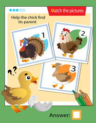 Matching game, education game for children. Puzzle for kids. Match the right object. Help the chick or nestling find its parent.