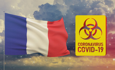 COVID-19 Visual concept - Coronavirus COVID-19 biohazard sign with flag of France. Pandemic 3D illustration.