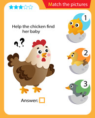 Matching game, education game for children. Puzzle for kids. Match the right object. Help the hen find its chick.
