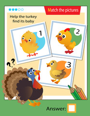 Matching game, education game for children. Puzzle for kids. Match the right object. Help the turkey find its nestling.