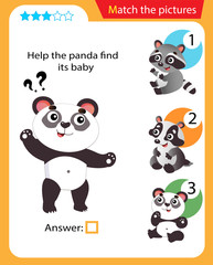 Matching game, education game for children. Puzzle for kids. Match the right object. Help the panda find his cub.