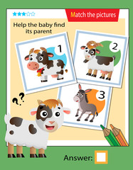 Matching game, education game for children. Puzzle for kids. Match the right object. Help the little goat find its parent.