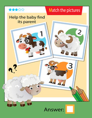 Matching game, education game for children. Puzzle for kids. Match the right object. Help the little sheep find its parent.