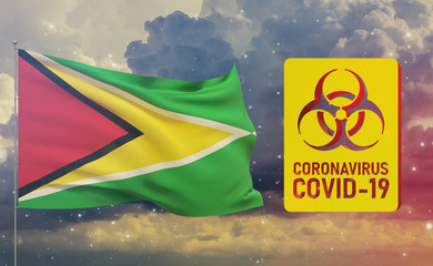 COVID-19 Visual concept - Coronavirus COVID-19 biohazard sign with flag of Guyana. Pandemic 3D illustration.