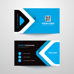 Business card layout with blue elements.
