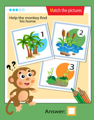 Matching game, education game for children. Puzzle for kids. Match the right object. Help the monkey find his home.