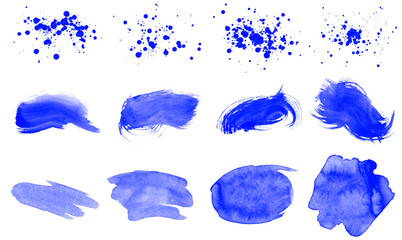 Vector set of blue paint splashes, drops and smears