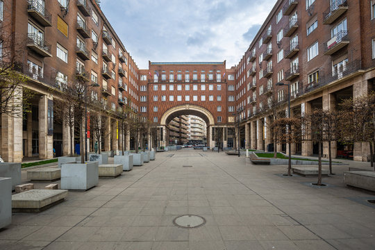 Budapest, Hungary - Totally empty Madach Imre square (Madach ter) in the morning at downtown Budapest. The square is empty due to the 2020 Coronavirus pandemic quarantine
